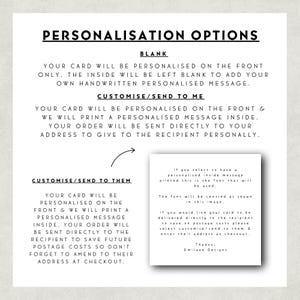 May include: An informational graphic titled PERSONALISATION OPTIONS detailing three choices: BLANK, CUSTOMISE/SEND TO ME, and CUSTOMISE/SEND TO THEM. It includes a small square inset showing a sample font for a printed message inside a greeting card.