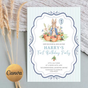 May include: A light blue and white striped birthday party invitation with a Peter Rabbit illustration. The invitation reads "HOP ON OVER & JOIN US FOR HARRY'S First Birthday Party" with event details.