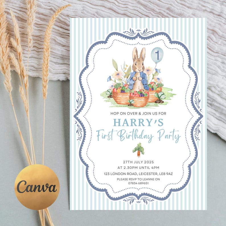 May include: A light blue and white striped birthday party invitation with a Peter Rabbit illustration. The invitation reads "HOP ON OVER & JOIN US FOR HARRY'S First Birthday Party" with event details.