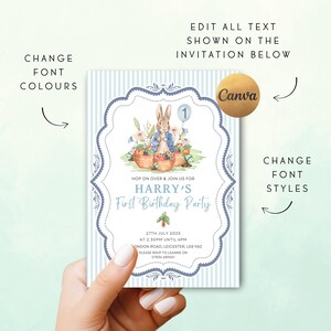 May include: A light blue and white striped invitation for a first birthday party. The invitation features a watercolor illustration of a rabbit with baskets of flowers. Text includes "Harry's First Birthday Party" and event details.