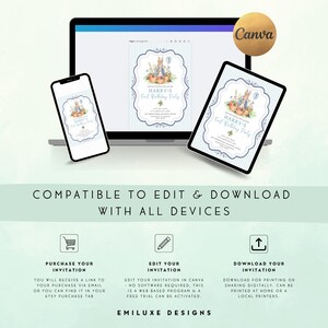 May include: A digital invitation design for a first birthday party, displayed on a laptop, tablet, and smartphone. The invitation features a bunny and pumpkin illustration with the text "Harry's First Birthday Party". The design is compatible with all devices.