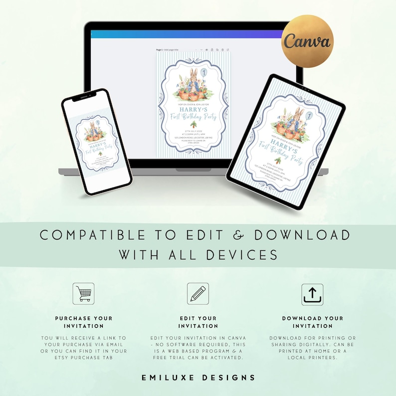 May include: A digital invitation design for a first birthday party, displayed on a laptop, tablet, and smartphone. The invitation features a bunny and pumpkin illustration with the text "Harry's First Birthday Party". The design is compatible with all devices.