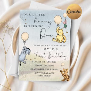 EDITABLE Winnie the Pooh Birthday Invitation, 1st Birthday Invite for Boy or Girl, First Birthday Digital Party Invitation, Editable Invite