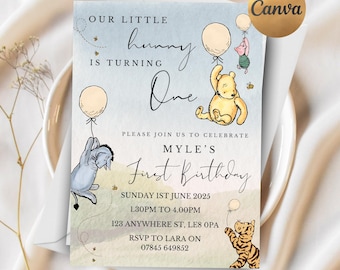 EDITIERBARE Winnie the Pooh Geburtstagseinladung, 1. Geburtstag einladen für Jungen oder Mädchen, erste digitale Partyeinladung zum Geburtstag, bearbeitbare Einladung