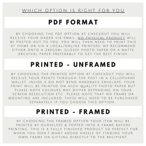 May include: An informational graphic with black text on a light grey background titled WHICH OPTION IS RIGHT FOR YOU. It outlines three purchase choices: PDF FORMAT, PRINTED - UNFRAMED, and PRINTED - FRAMED, detailing the delivery and physical product specifications for each.
