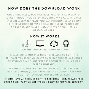 May include: A digital download information sheet titled "HOW DOES THE DOWNLOAD WORK". The text explains the process: purchase, personalise, download, and print. Includes icons for each step. The background is a gradient of light blue and white.