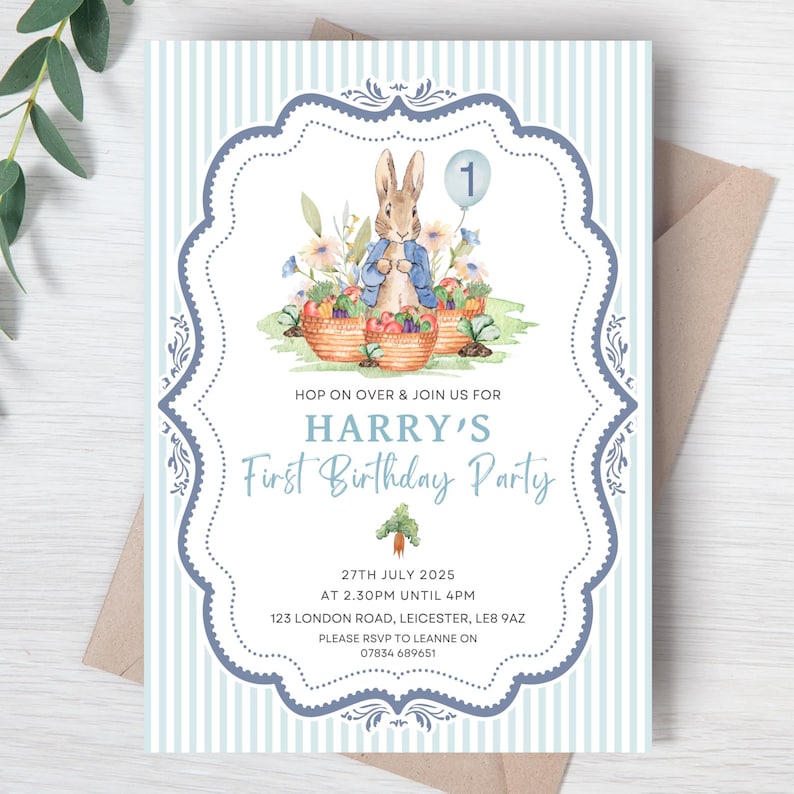 May include: A light blue and white striped invitation card with a decorative border. The card features a watercolor illustration of a rabbit, baskets of fruit, and the text "HARRY'S First Birthday Party". Includes date, time, and location details.
