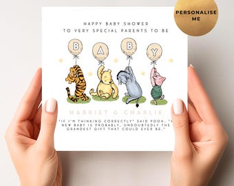 Winnie The Pooh Neutral Baby Shower Card - Personalised Pooh Bear Baby Shower Card - Unique Mum To Be Card - Parents To Be - Unisex Baby