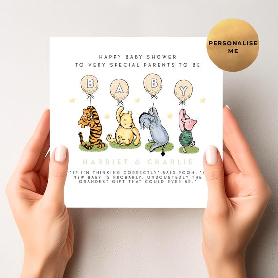 Winnie The Pooh Neutral Baby Shower Card - Personalised Pooh Bear Baby Shower Card - Unique Mum To Be Card - Parents To Be - Unisex Baby