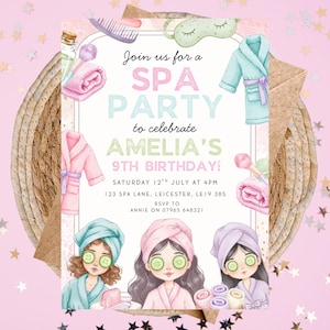 May include: A spa party invitation with a pink background and a woven basket border. The invitation features illustrations of spa items and three girls with cucumber slices on their eyes. Text reads "Join us for a SPA PARTY to celebrate AMELIA'S 9TH BIRTHDAY!"