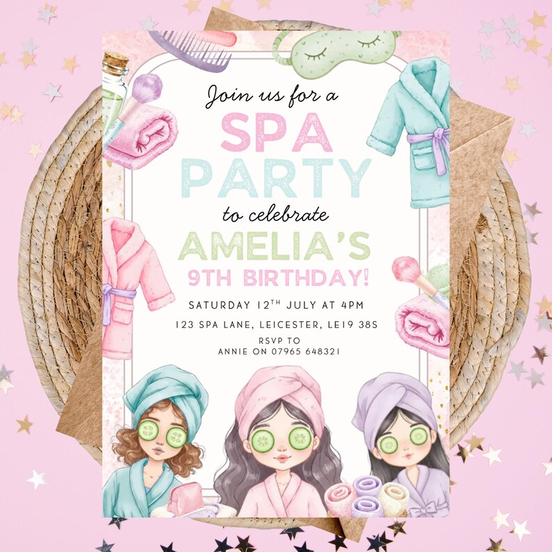 May include: A spa party invitation with a pink background and a woven basket border. The invitation features illustrations of spa items and three girls with cucumber slices on their eyes. Text reads "Join us for a SPA PARTY to celebrate AMELIA'S 9TH BIRTHDAY!"