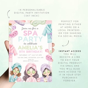 May include: Digital spa party invitation, 12.7 x 17.8 cm, with spa-themed illustrations and the text "Join us for a Spa Party to celebrate Amelia's 9th Birthday!" Includes event details and RSVP information.