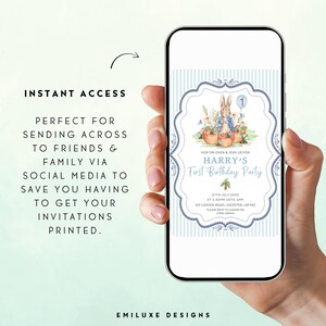 May include: A smartphone displays a digital invitation for "Harry's First Birthday Party." The invitation features a watercolor illustration of rabbits and baskets. Text includes the date, time, and location. The phone is held in a hand, with text on the left side that says "Instant Access."