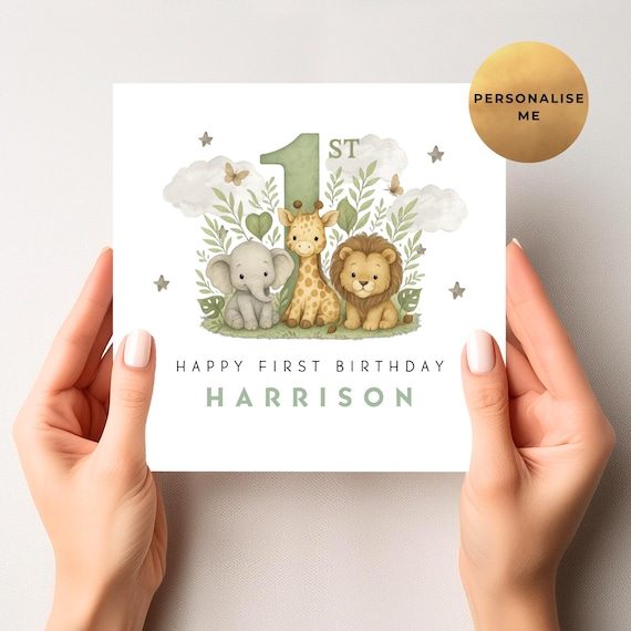 Personalised First Birthday Card - Unique 1st Birthday Safari Card - Son - Daughter -  Grandson - Granddaughter - Niece - Nephew - Godson