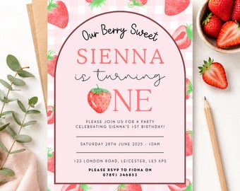 EDITABLE Berry First Birthday Invitation - 1st Birthday Strawberry Invitation Template - Little Girl 1st Birthday Invite - Digital Download