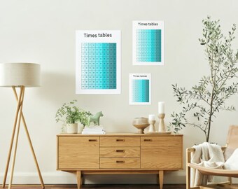 May include: Three framed posters with the title "Times tables" and a gradient of blue squares. The posters are hanging on a white wall above a wooden dresser with three drawers. A lamp, a potted plant, and a small figurine are on the dresser. A potted olive tree is on the right side of the image. A brown leather chair with a white throw blanket is in the lower right corner.
