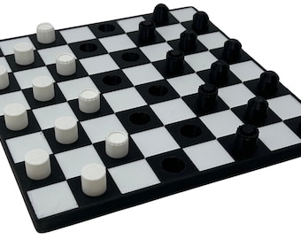 Checkers set for the blind or visually impaired, tactile pieces, raised squares, pieces stay in place, accessible game that uses no braille