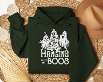 Hanging With My Boos Ghost Hoodie - Sweat-shirt à capuche et col ras du cou Halloween rétro