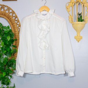 VTG White Ruffle Jabot Blouse Victorian Collar Puffy Shirt Costume Light Spring