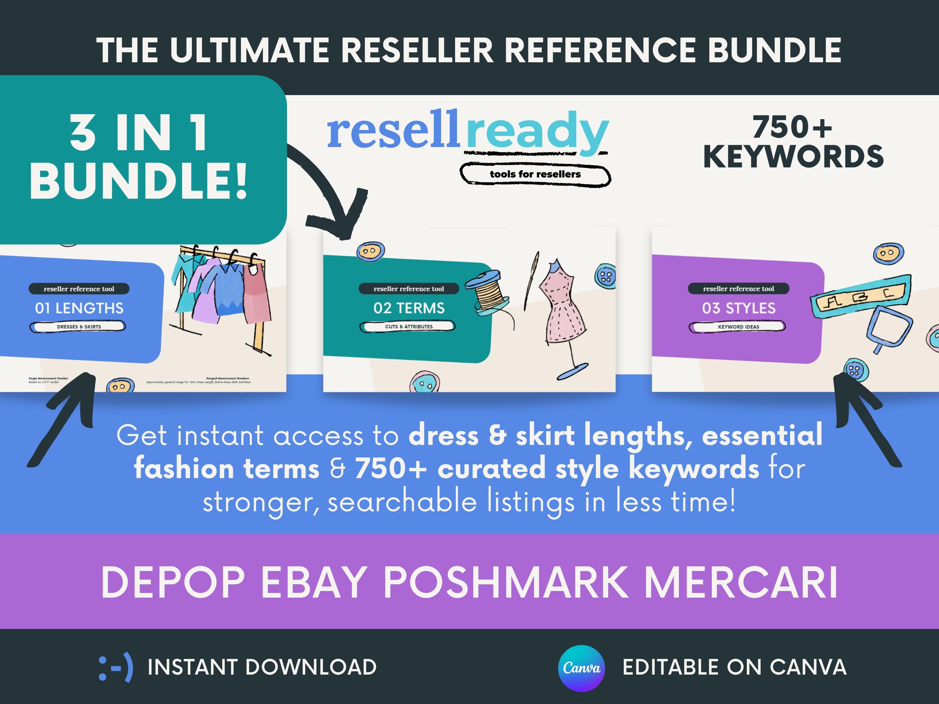 BUNDLE Reseller Reference Tools | 3-in-1 Digital Guide Women’s Fashion Keywords, Clothing Terms, Lengths Canva Editable | List Faster