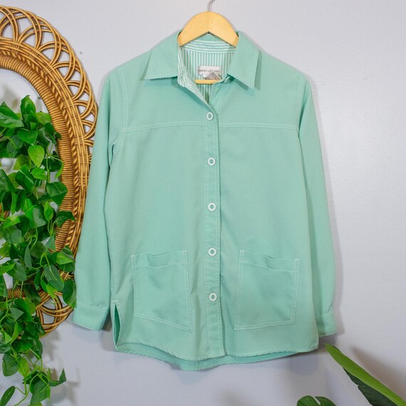 Mint Green Light Jacket Button Front Pockets Mini… - image 1