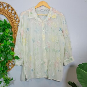 Vtg Sheer Pastel Floral Button Down Blouse 90s Spring Fairycore Top Light Spring