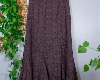 VTG Brown Lace Print Maxi Skirt Fairycore Floral Fluted Hem | Dark Autumn