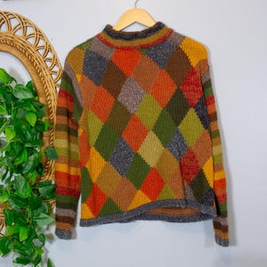 VTG 90s Argyle Diamond Patchwork Knit Sweater Striped Back FLAW | True Autumn