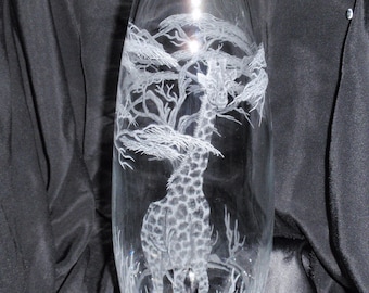 Giraffe Vase, Etched Glass, Safari Vase, Carved Glass, African Animals, Art, Wedding Gift, Mother’s Day Gift, Signed by Artist