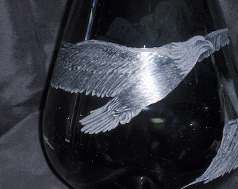 Soaring Eagle, Glass Eagle, Hand Carved Eagle, Hand Etched Vase, Glass Wedding Gift, Veteran Gift, Military Service Gift,