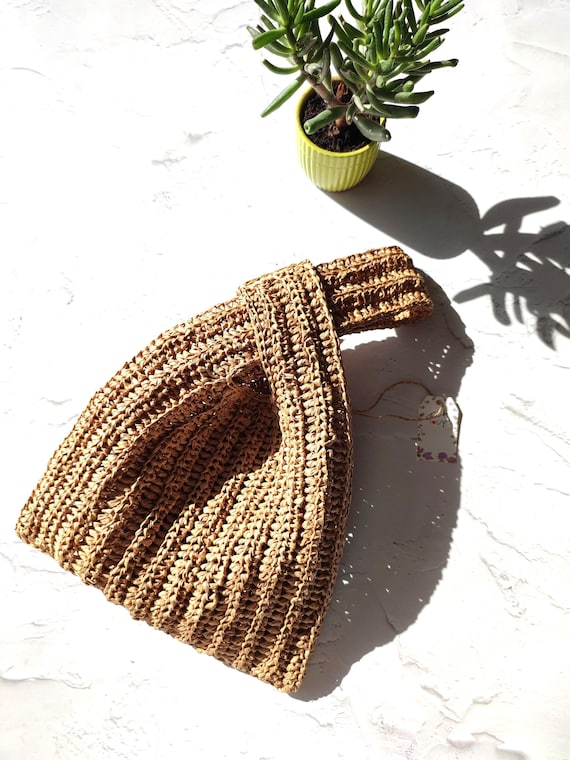 Japanese Knot Bag Wrist Raffia Pouch Raffia Knot Bag Japanese style Knot Purse Evening pouch Small Raffia bag Straw bag Summer bag knot