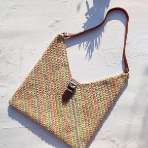 Natural Jute bag Hobo bag Jute Shoulder bag with Leather strap Bohemian bag Rainbow Crochet Bag Natural Jute Shopper Eco Handmade Hemp bag