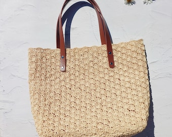 Natural Raffia Bag Crocheted Raffia Tote bag Summer Basket Beach bag Market Bag Shopping Bag with top handles Eco Shopper Premium Straw bag