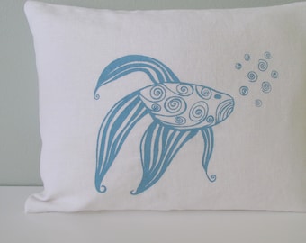 Pillow Cover. Cushion Cover. Fish in Aqua Blue on White linen - 12 x 16 inches by Sweetnature Designs - Accent Pillow