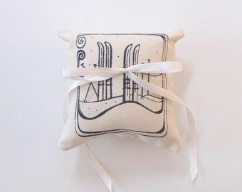 Ring Bearer Pillow- Snow Skis Wedding Ring Bearer Pillow 4 x 4 inches - Choose your fabric and ink color