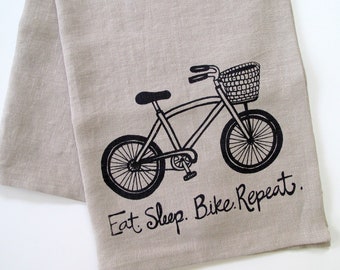 Linen Tea Towel - Eat.Sleep.Bike. Repeat - Choose your fabric and ink color