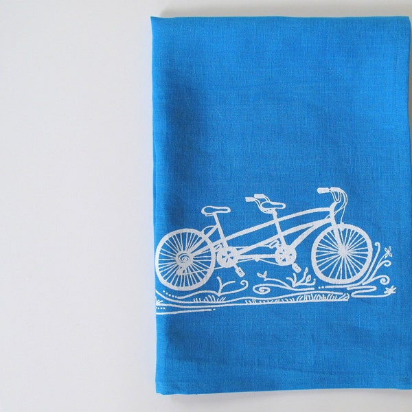 Linen Tea Towel - Tandem Bicycle in White on Blue Linen