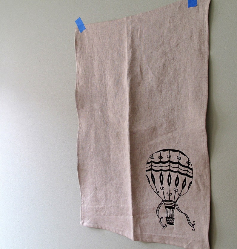 Linen Tea Towel Vintage Hot Air Balloon design Choose your fabric and ink color image 2