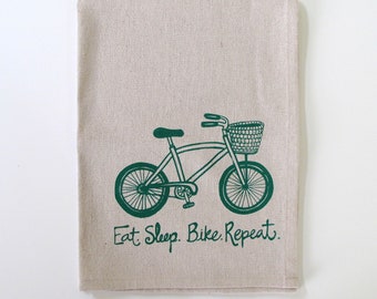 Cotton Kitchen Towel Tea Towel - Bike with Basket - Eat. Sleep. Bike. Repeat design - Choose your ink color