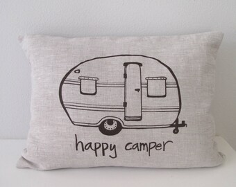 Pillow Cover - Happy Camper Vintage Trailer - 12 x 16 inches by Sweetnature Designs - Choose your fabric and ink color - Accent Pillow