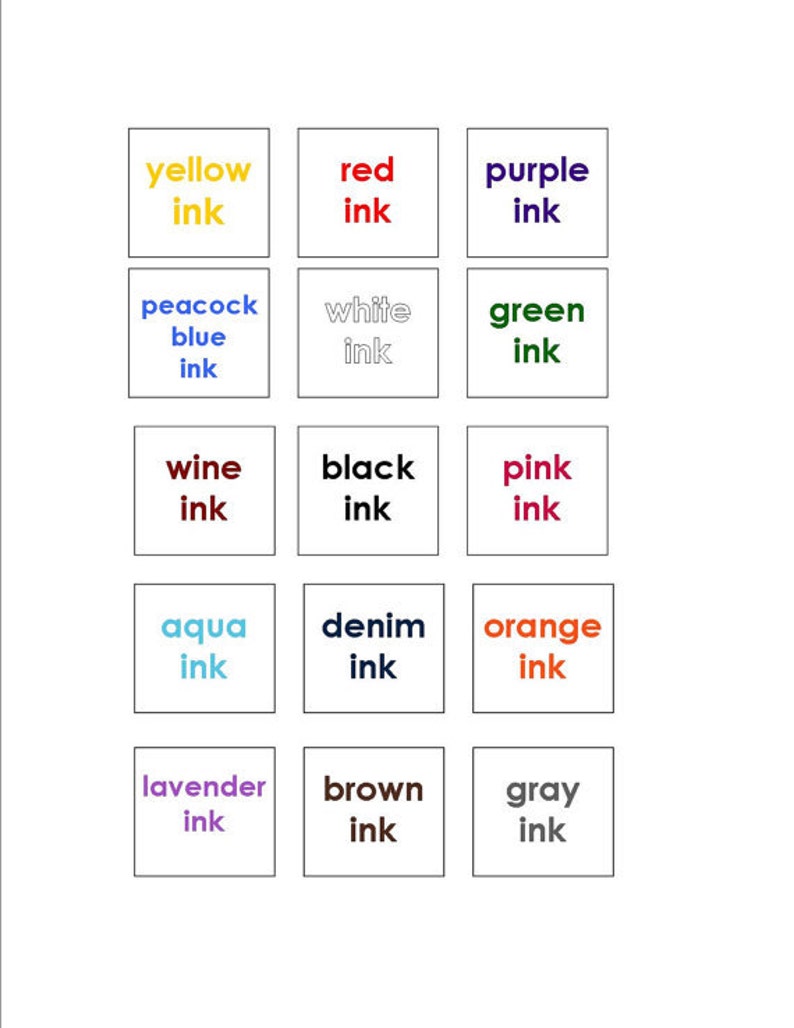 Pu&ograve; includere: Un grafico con 15 quadrati, ognuno con un nome di inchiostro di colore diverso. I colori includono giallo, rosso, viola, blu pavone, bianco, verde, vino, nero, rosa, acquamarina, denim, arancione, lavanda, marrone e grigio.