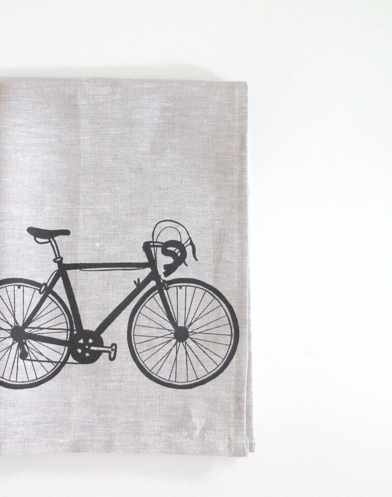 Linen Tea Towel Road Bike Choose your fabric and ink color image 1