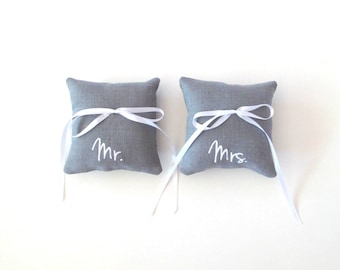 Mr. and Mrs. Wedding Ring Bearer Pillows -  Two 4 x 4 inches ring bearer pillows by Sweetnature Designs - Choose your fabric and ink color