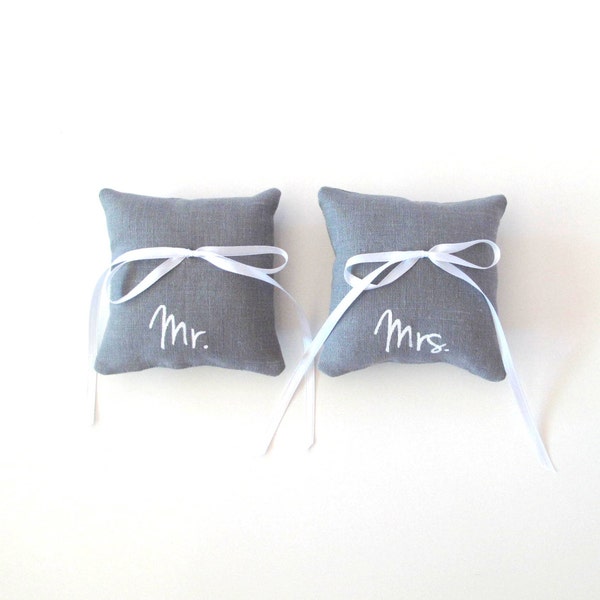 Mr. and Mrs. Wedding Ring Bearer Pillows -  Two 4 x 4 inches ring bearer pillows by Sweetnature Designs - Choose your fabric and ink color