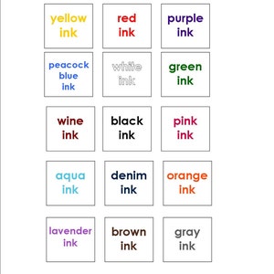 May include: A chart with 15 squares, each containing a different color ink name. The colors include yellow, red, purple, peacock blue, white, green, wine, black, pink, aqua, denim, orange, lavender, brown, and gray.