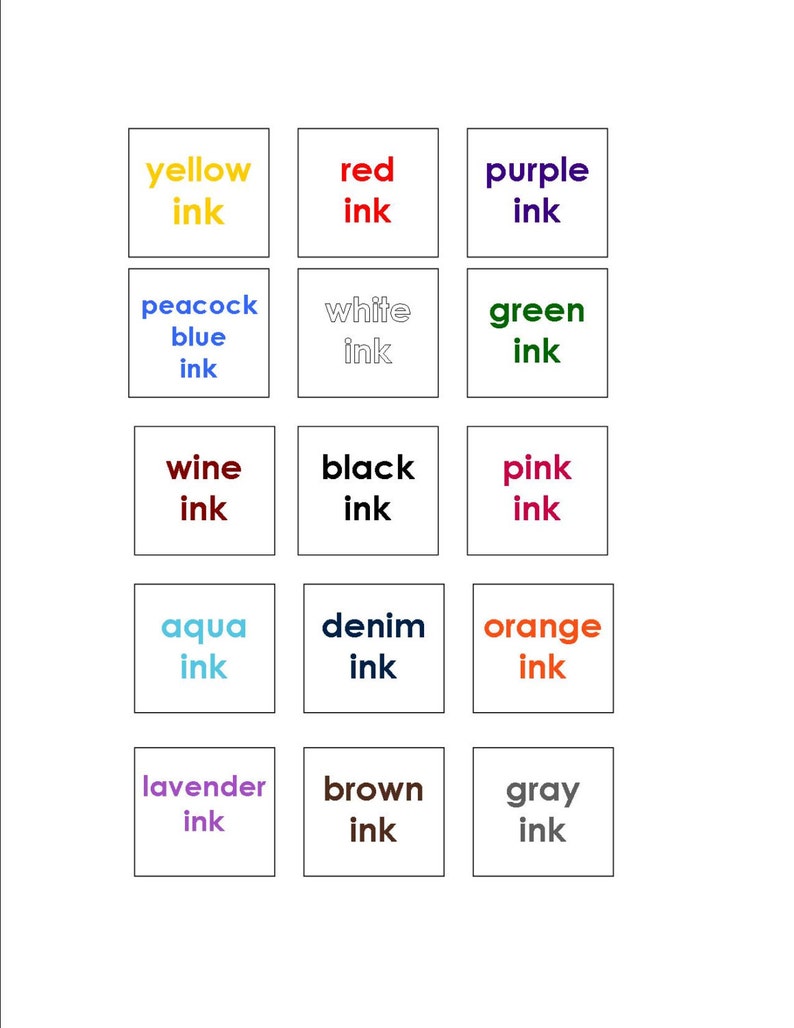 May include: A chart with 15 squares, each containing a different color ink name. The colors include yellow, red, purple, peacock blue, white, green, wine, black, pink, aqua, denim, orange, lavender, brown, and gray.