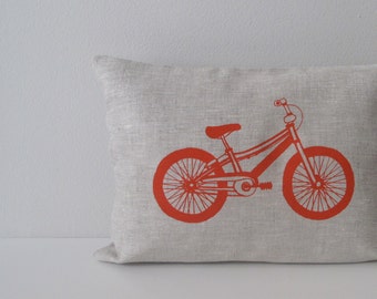 Pillow Cover - Mountain Bike in Orange on Natural Beige Linen - 12 x 16 inches - Accent Pillow