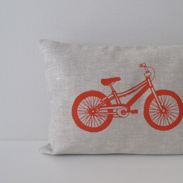 Pillow Cover - Mountain Bike in Orange on Natural Beige Linen - 12 x 16 inches - Accent Pillow