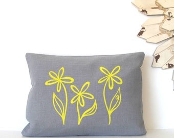 Pillow Cover- Flower Trio 12 x 16 inches - Choose your fabric and ink color - Accent Pillow