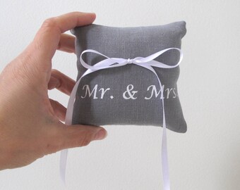 Wedding Ring Bearer Pillow 4 x 4 inches  - Mr and Mrs design - Choose your fabric and ink color